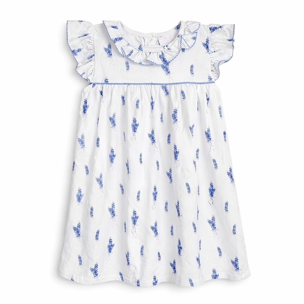 Stitchy Fish Blue Bonnet Floral Dress White Size 3T Ruffle Collar Cottagecore